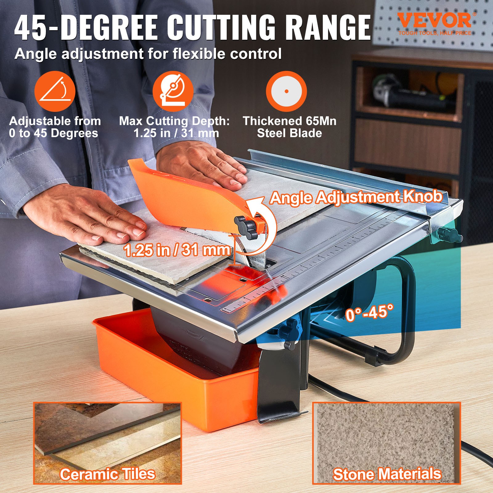 VEVOR Wet Tile Saw Tile Cutter 7-inch 65Mn Steel Blade 3500 RPM Induction Motor