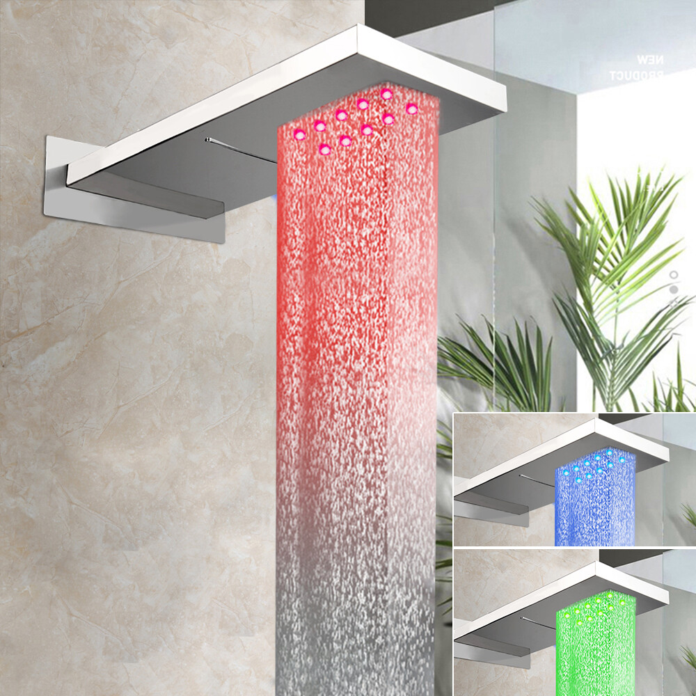 22" Chrome LED Shower Head Rectangular Rainfall/Waterfall Spout Faucet Mixer Tap