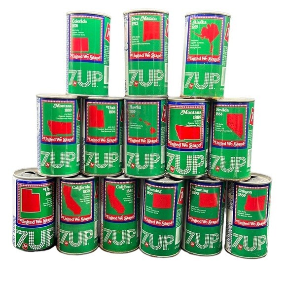 Vintage 7UP Cans United We Stand Lot of 14 Western States Empty Movie Props