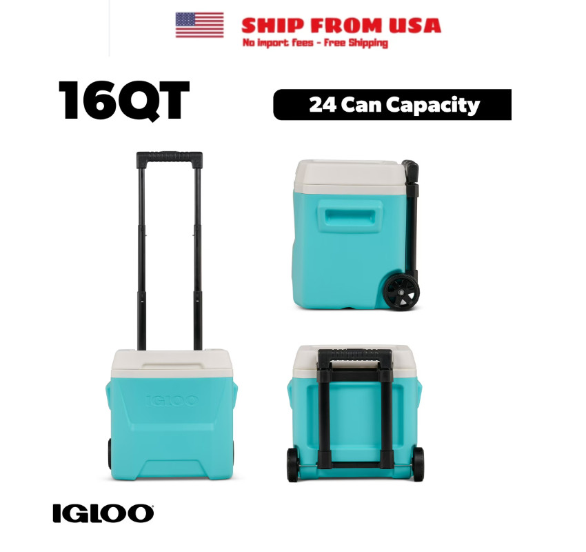 Igloo 16 QT Laguna Hard Side Ice Chest Cooler with Wheels, Aqua Blue