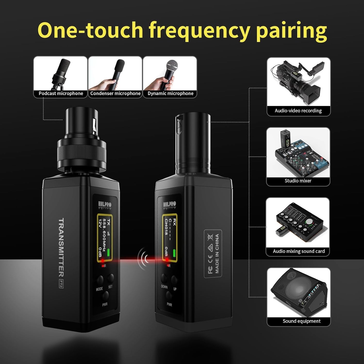 UHF Wireless XLR Transmitter and Receiver, 150 ft Range, Plug-on Wireless Mic...