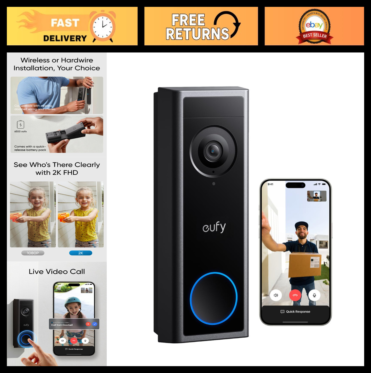 2K FHD Wireless Video Doorbell Camera, Battery/Wired, Live Call, 24/7 Recording,