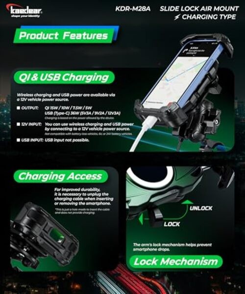 Motorcycle Smartphone Holder, Air Mount Vibration Absorption, QI & USB
