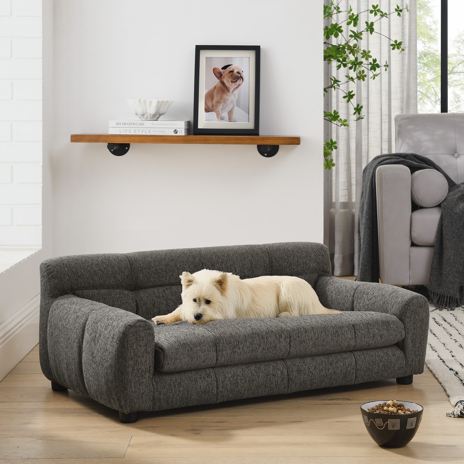 Soft Comfortable Pet Sofa Backrest Armrests Suitable for Small Medium Dogs Gray
