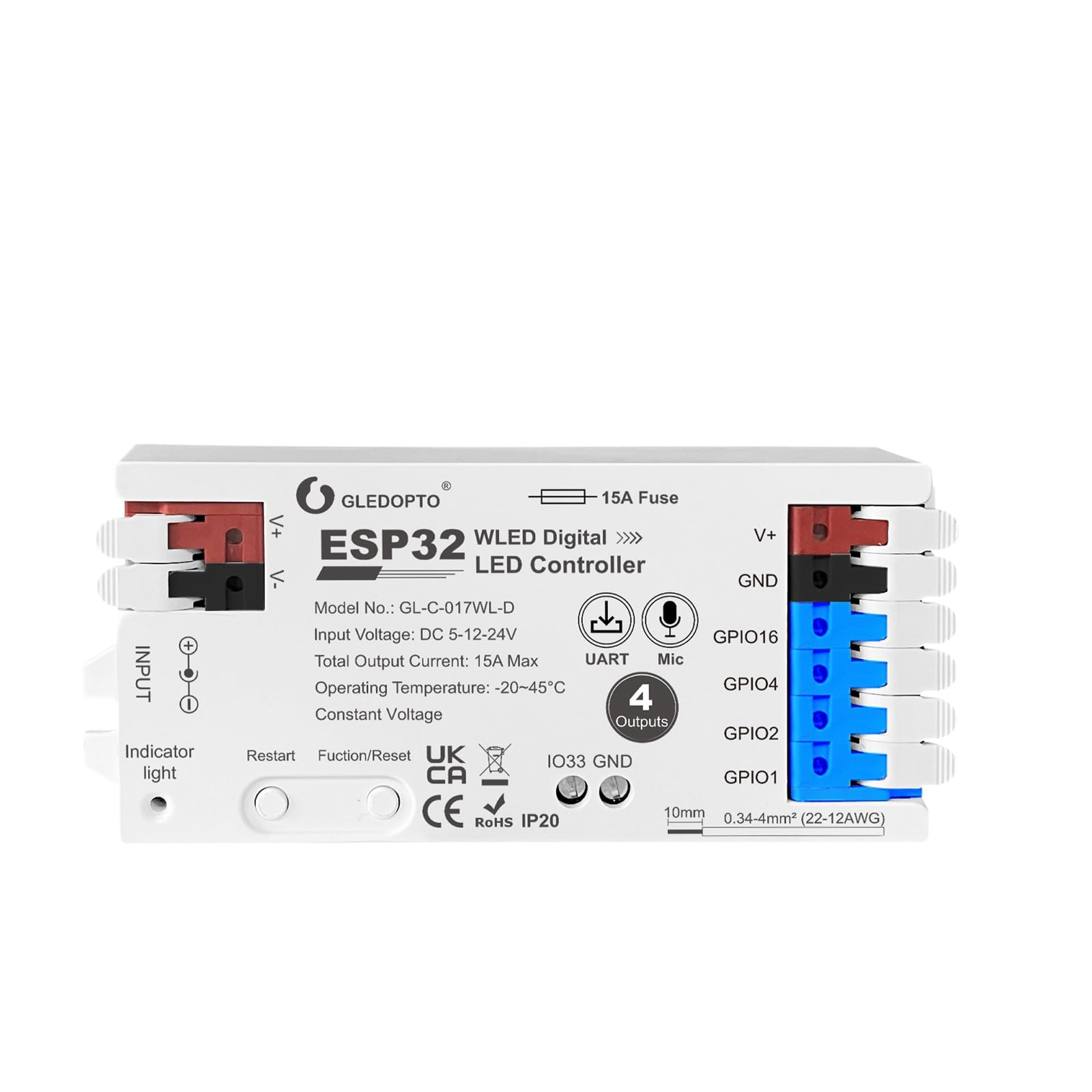 ESP32 WLED RGB IC LED Strip Controller 4 Channel Outputs 15A Fuse Mic Sound D...