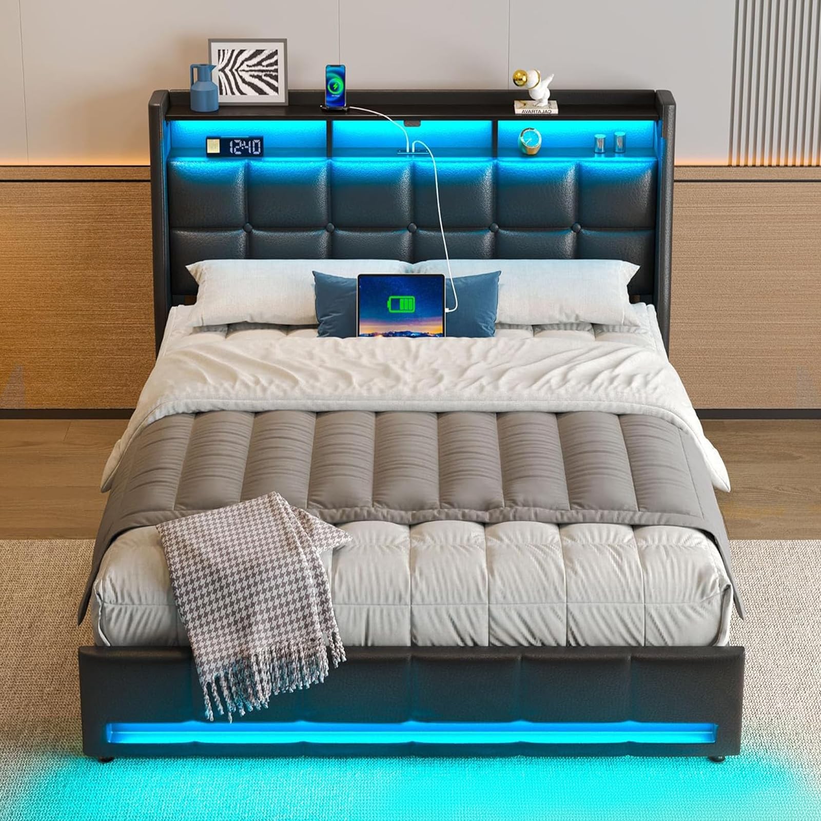 Full Size Bed Frame with LED Lights and Charging Station, Upholstered Headboa...