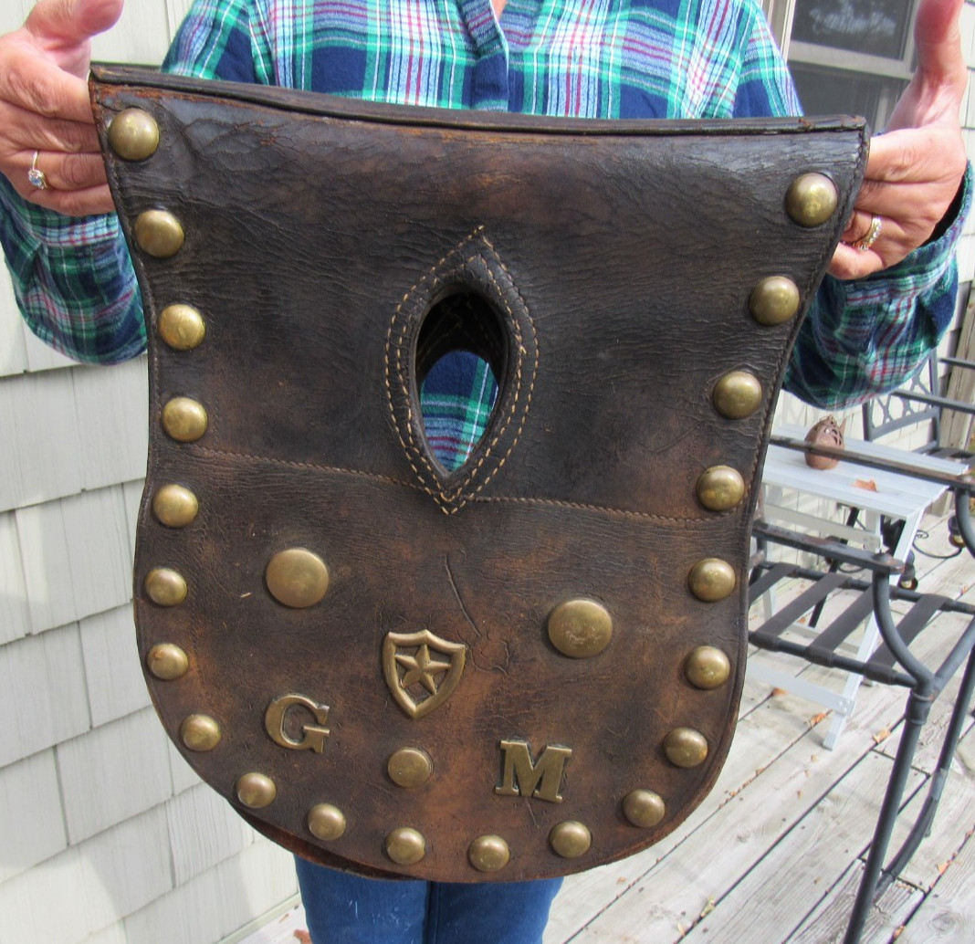 VINTAGE ORIGINAL LEATHER HORSE SADDLE PAD WITH BRASS DECORATIONS