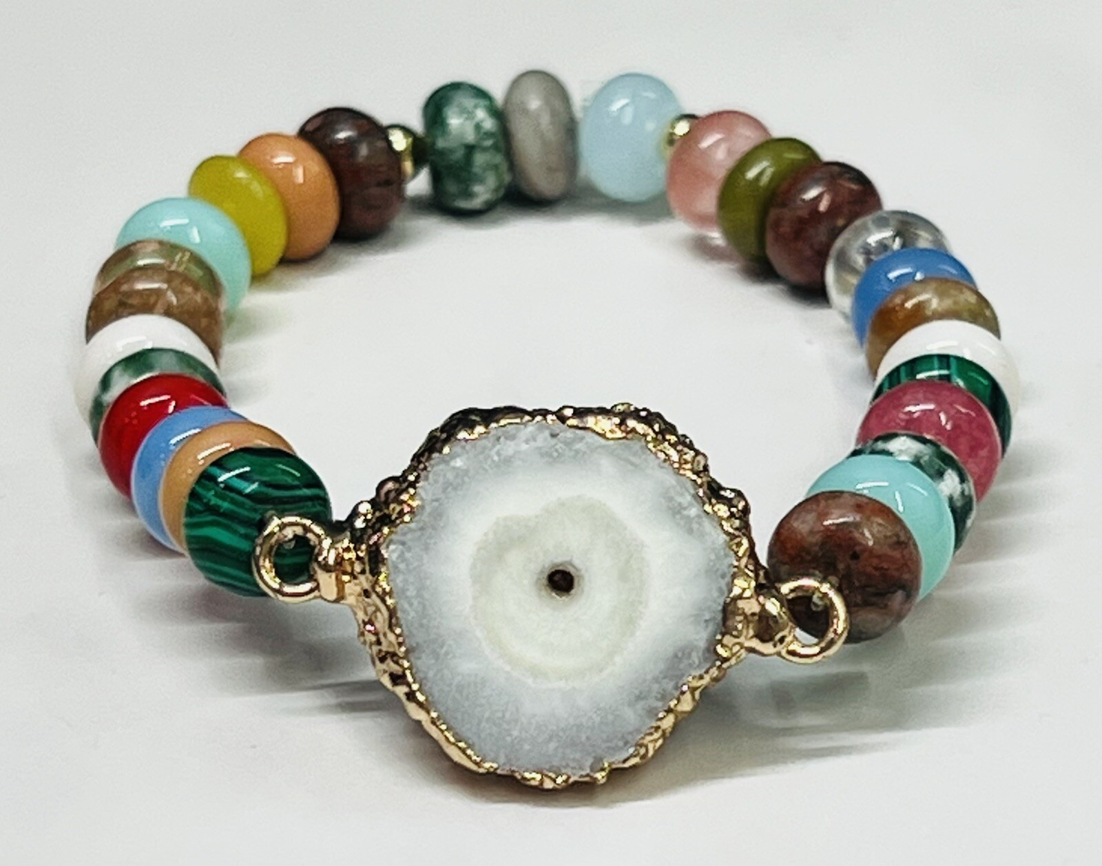 Multicolored Gemstone Druzy Handmade Women’s Beaded Bracelet, Green, Blue, Red