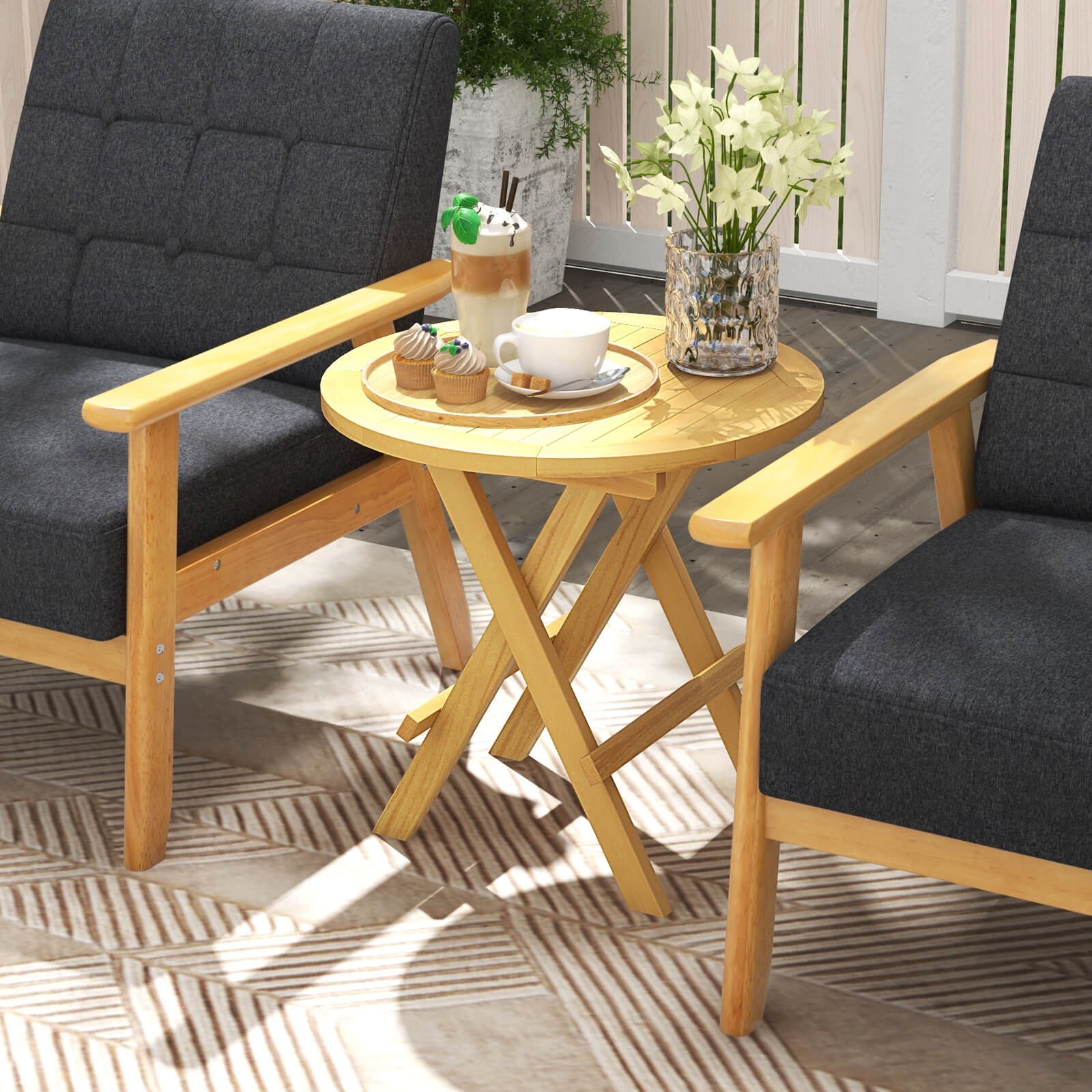 Patio Folding Side Table w/ X-shaped Legs & Slatted Tabletop for Backyard