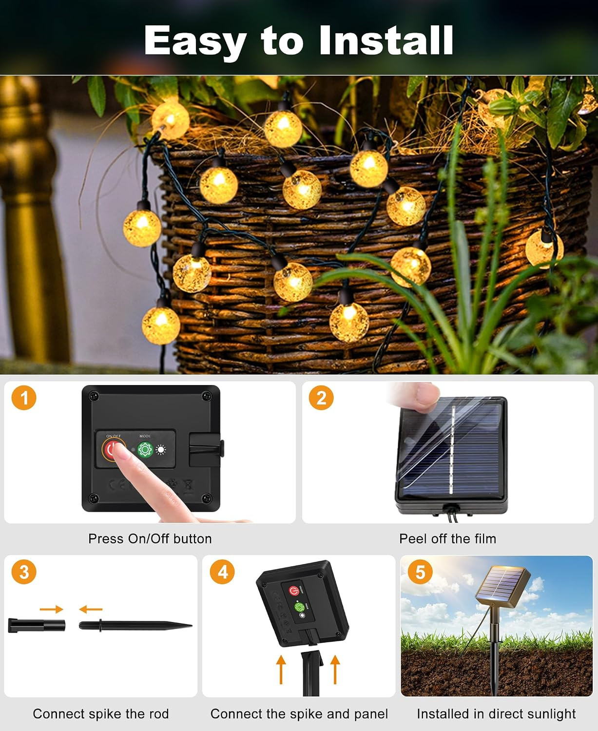 1 Pack Solar String Lights Outdoor, Total 49FT 50 LED Crystal Globe | IP65 Water
