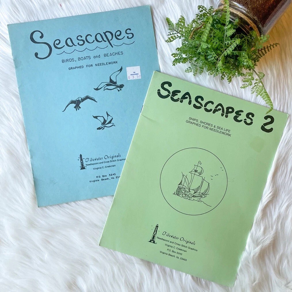 SEASCAPES 1 & 2 CROSS STITCH PATTERNS LEAFLET BIRD BOAT SHORE TIDEWATER 1979 VTG