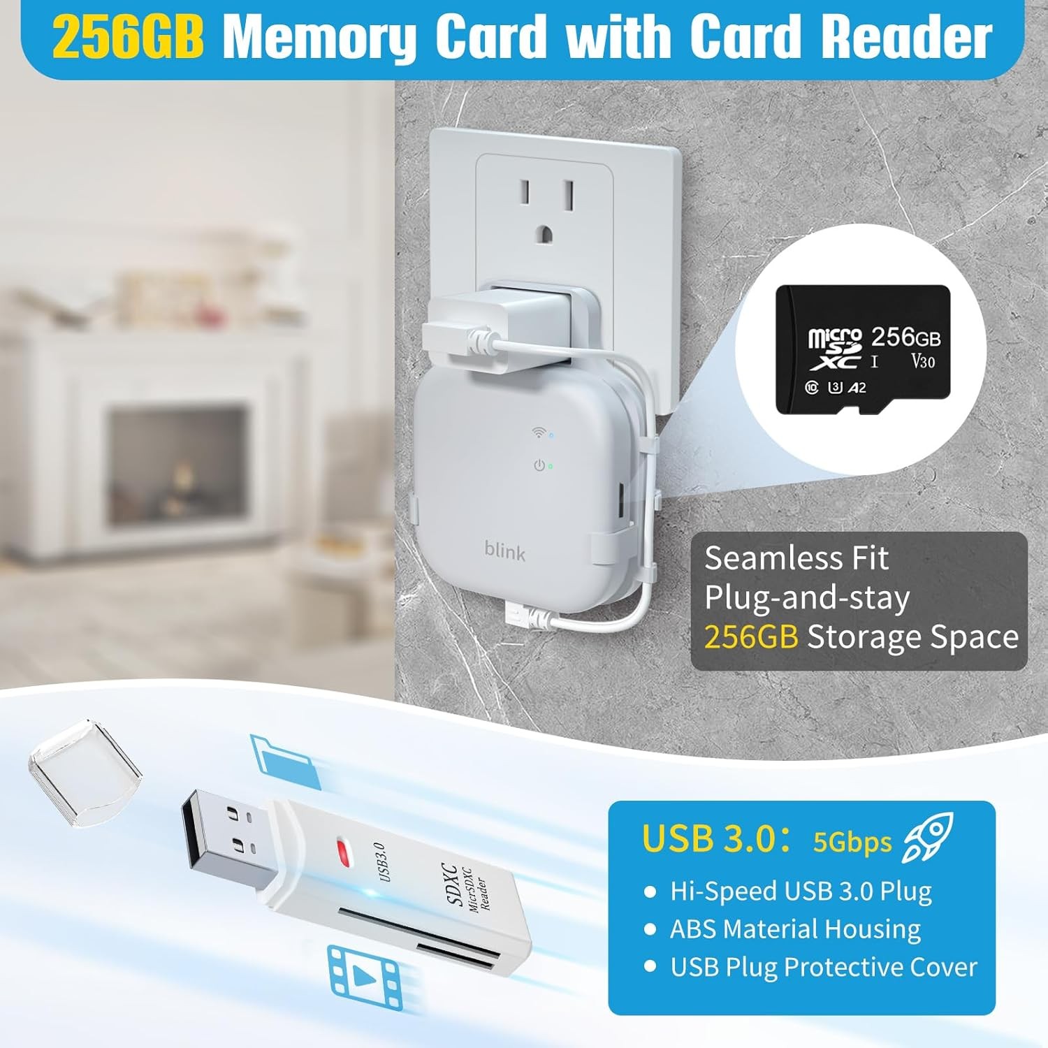 256GB Micro SD Card & Outlet Wall Mount for Blink Sync Module XR with Short C...