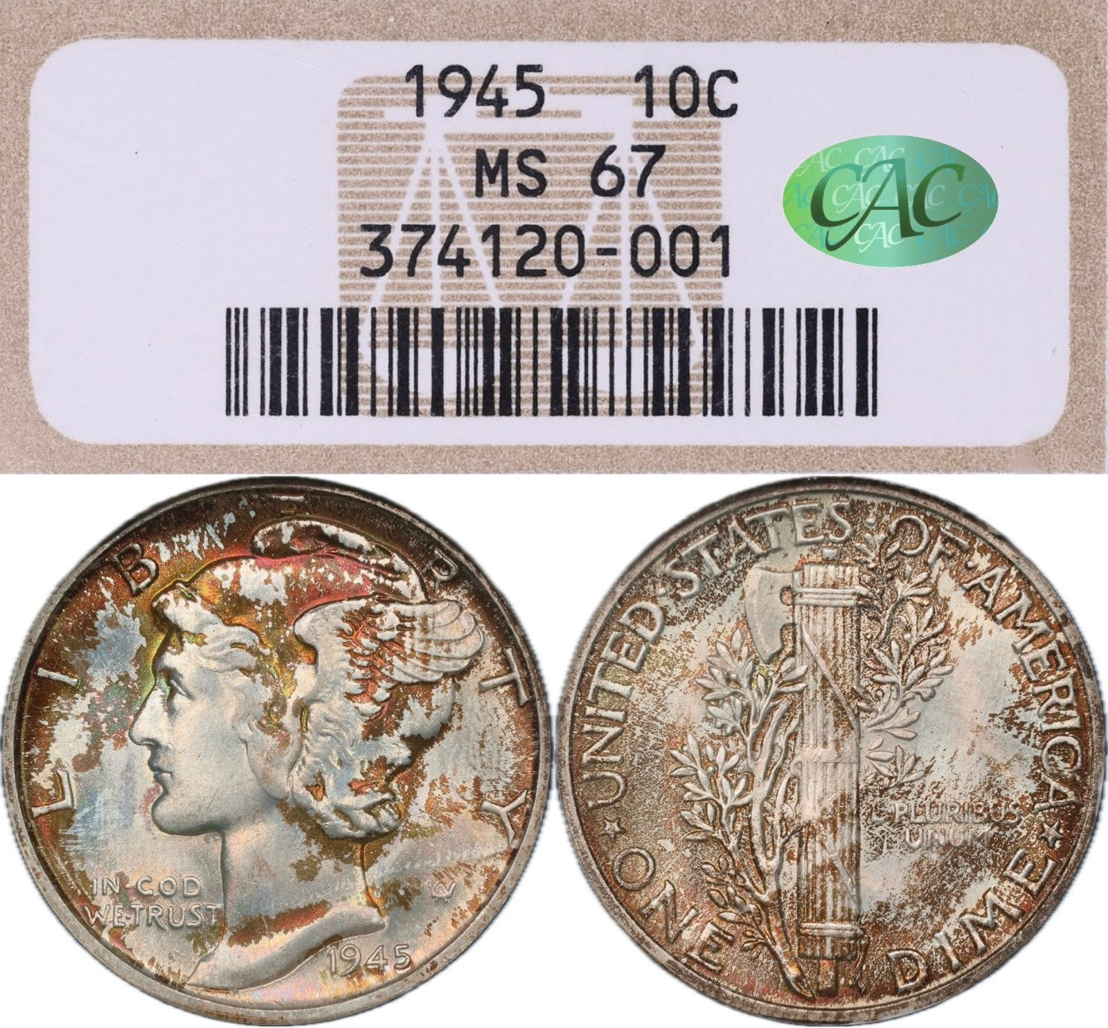 MS67 CAC 1945 10C Mercury Silver Dime, NGC Old Holder, Beautiful Rainbow Toned