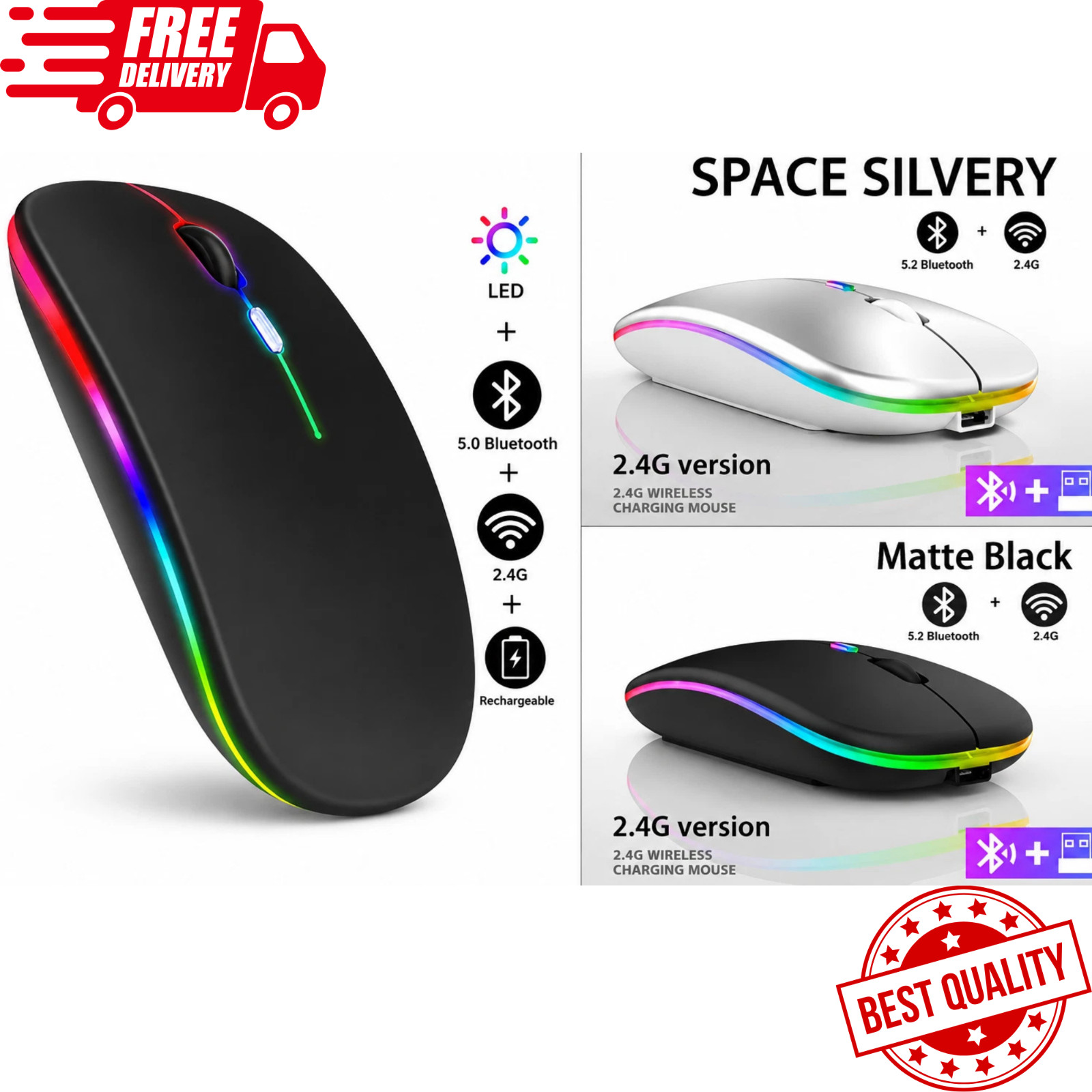 2.4GHz Wireless Optical Mouse USB Rechargeable RGB Cordless Mice For PC Laptop
