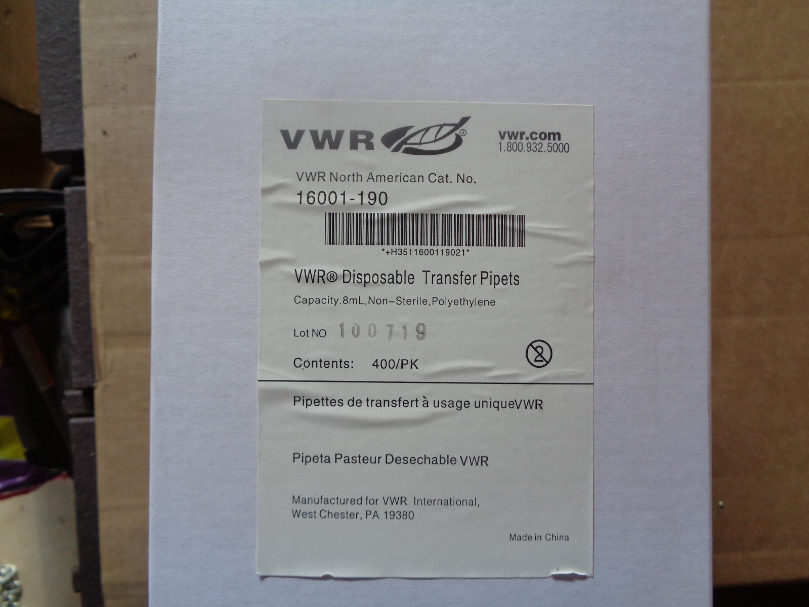 VWR DISPOSABLE TRANSFER PIPETS 16001-190  400PCS 8 ml NON STERILE  NEW