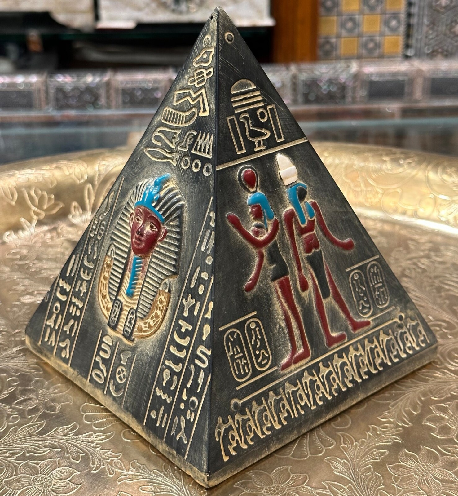 Ancient Egyptian Antiques Statue of Egyptian Pyramid & Pharaonic Hieroglyphs BC