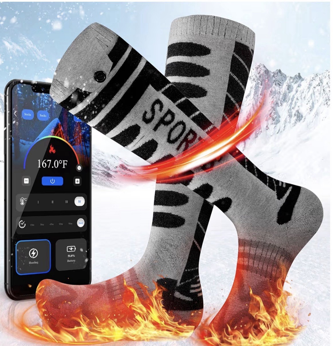 Heated Socks Unisex, APP Control, Instant Heating, 5V 5000mAh USB-C Recharge