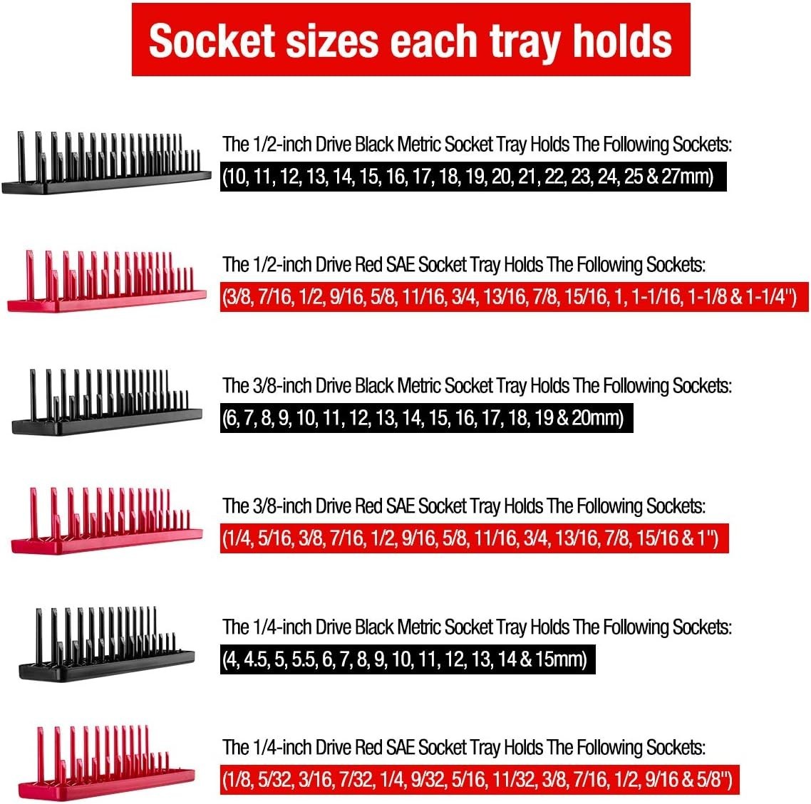 6PCS Socket Organizer Tray Set, SAE & Metric Storage