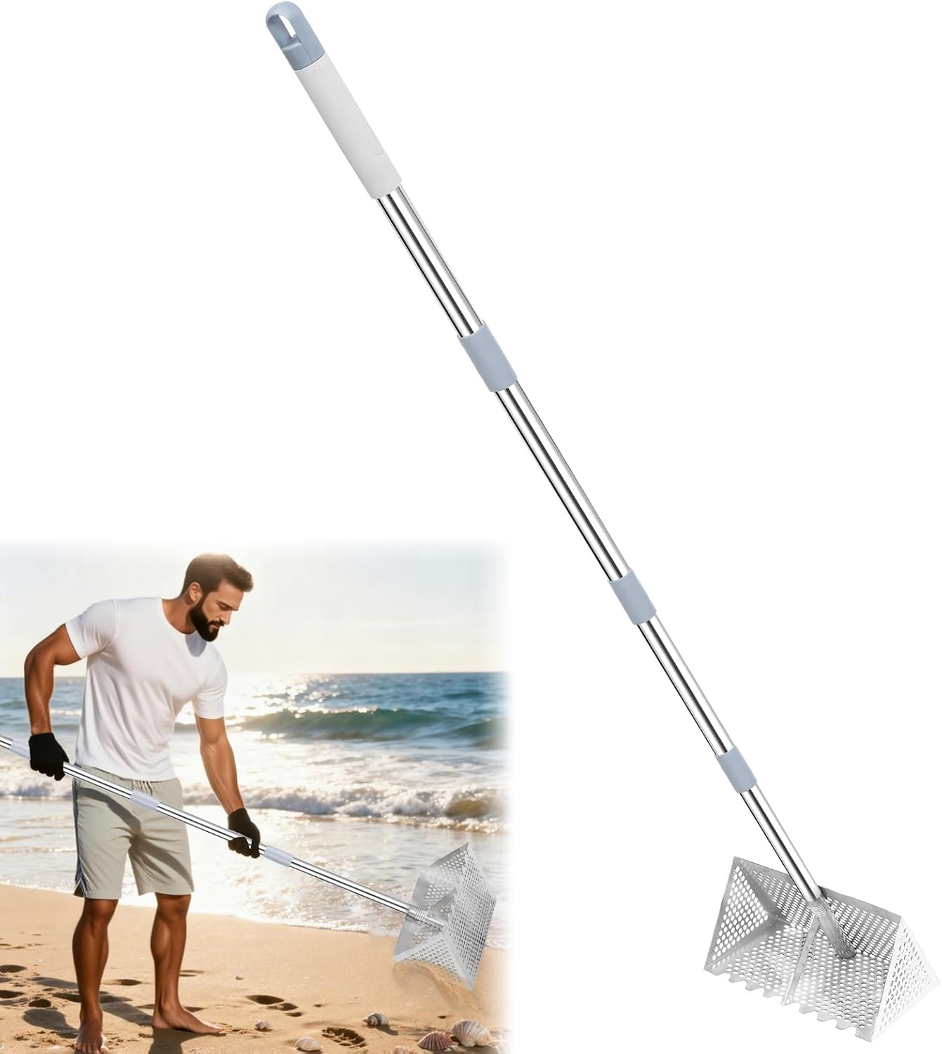 Sand Flea Rake 65in Handle Stainless Steel Beach Sand Sifter Tool