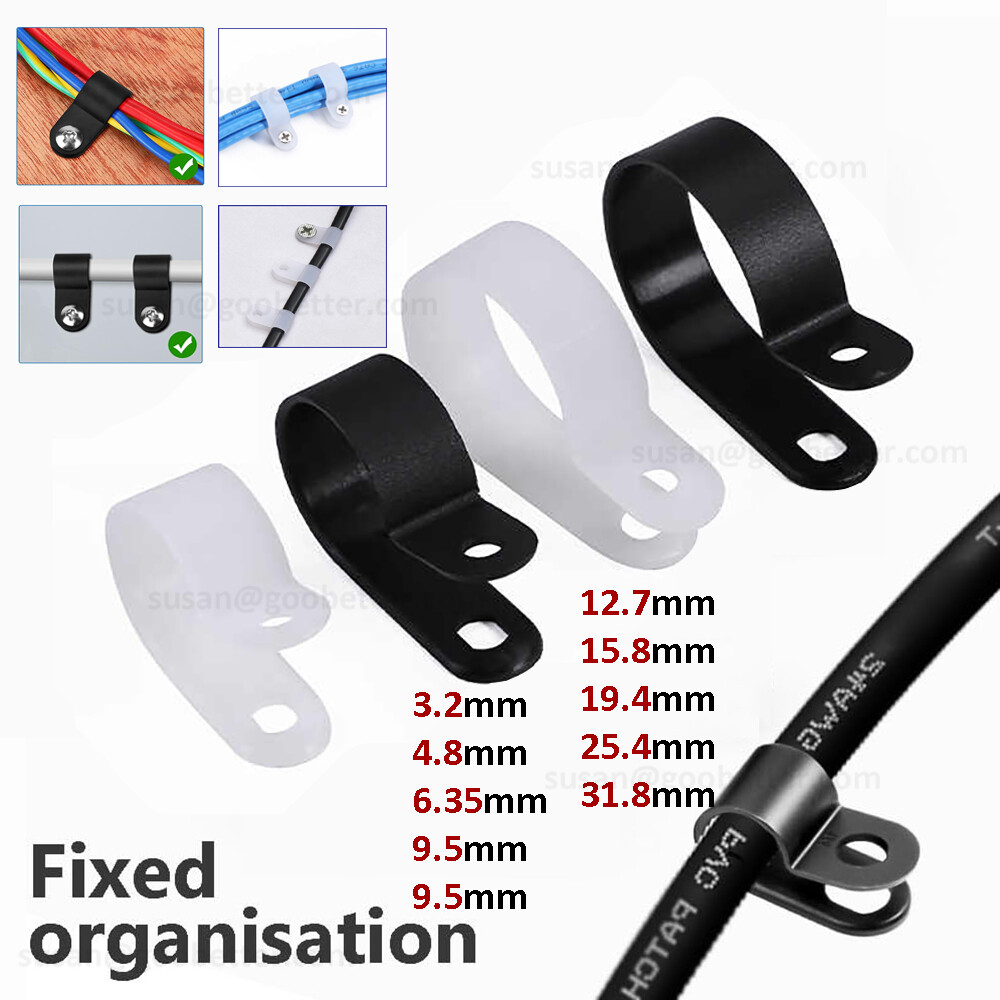 Nylon Black Plastic P Clips - Fasteners for Cable, Conduit, Tubing, Sleeving Etc