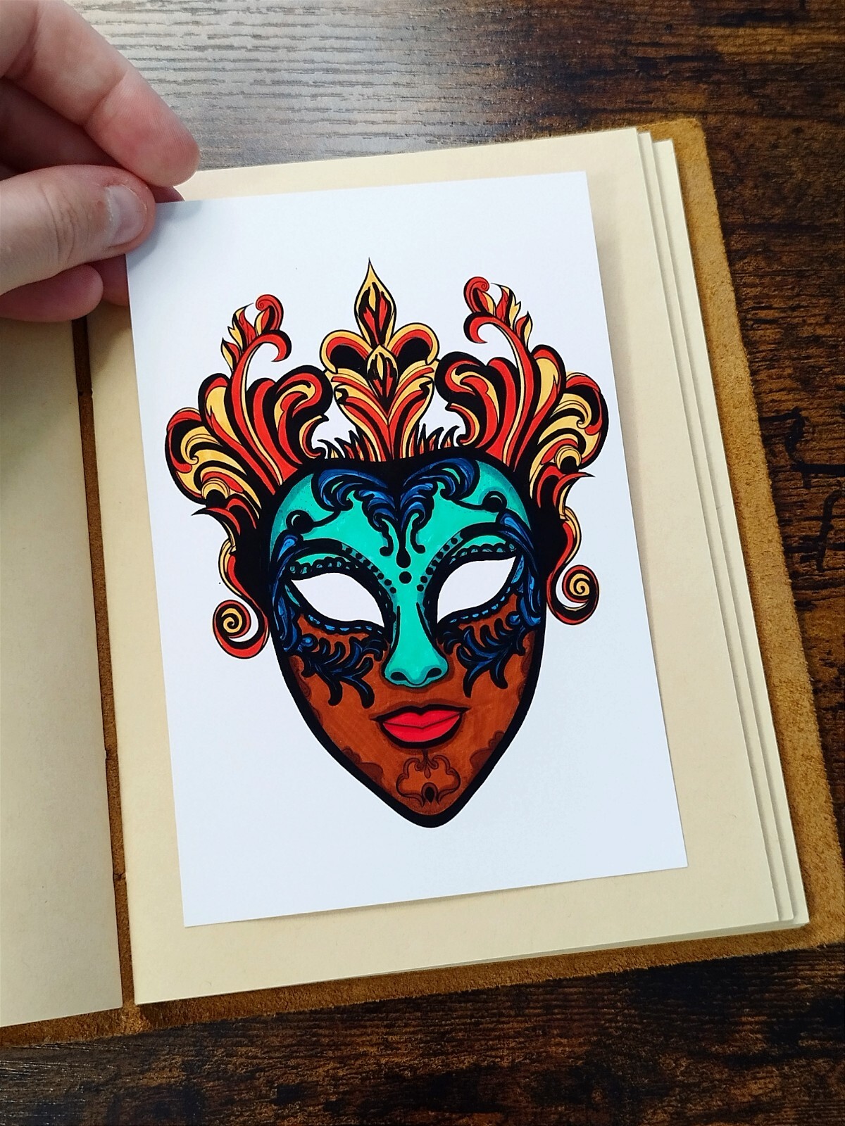 Carnival Mask Drawing Unframed Hand-Colored