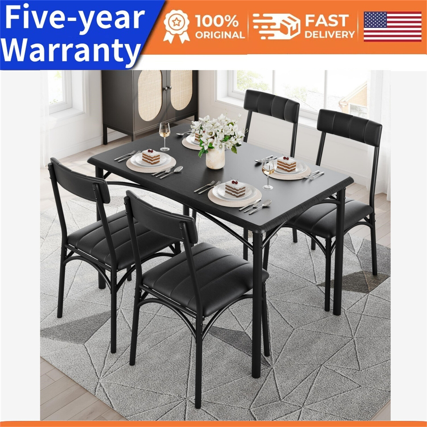 ✔️5 Piece Dining Set Kitchen Table and Chairs 4 Upholstered Chairs Metal and Woo