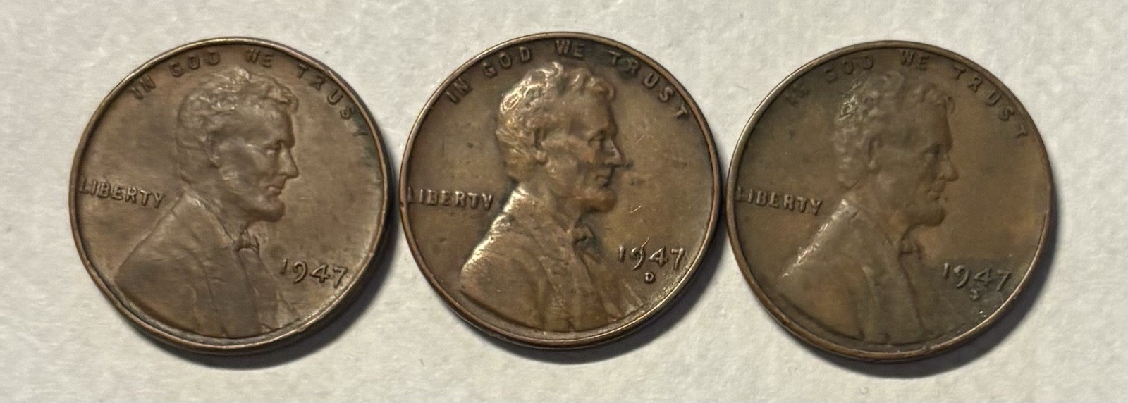 US Coins 1947 P D S Lincoln Cent  Circulated(3 Coins)