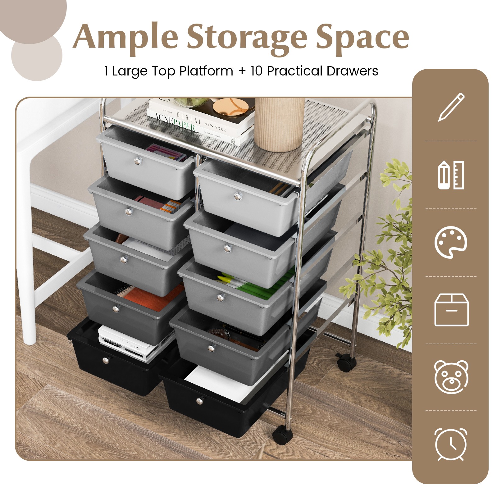 10-Drawer Storage Cart Utility Rolling Trolley Kitchen Organizer Black Gradient