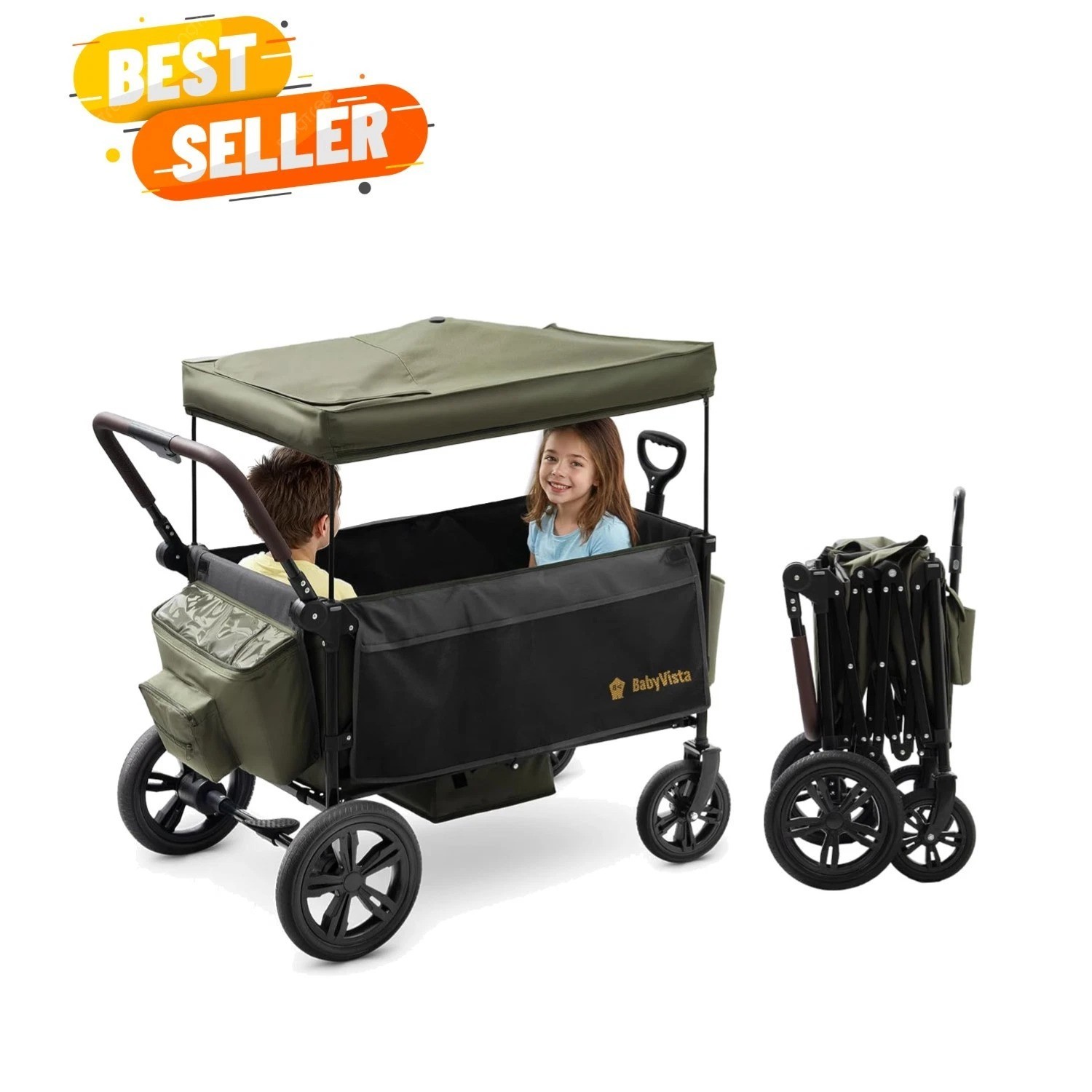 Stroller Wagon for Kids, One-Hand Adjustable Push/Pull Handle, Spacious Stora...
