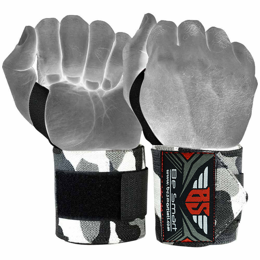 WEIGHT LIFTING TRAINING WRIST SUPPORT WRAPS GYM BANDAGE STRAPS CAMO GREY 18"