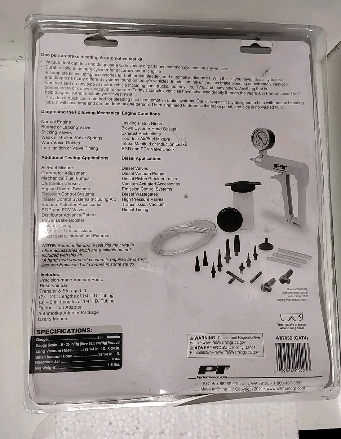 PERFORMANCE TOOL W87032 AUTO DIAGNOSTIC VACUUM PUMP & BLEEDER KIT