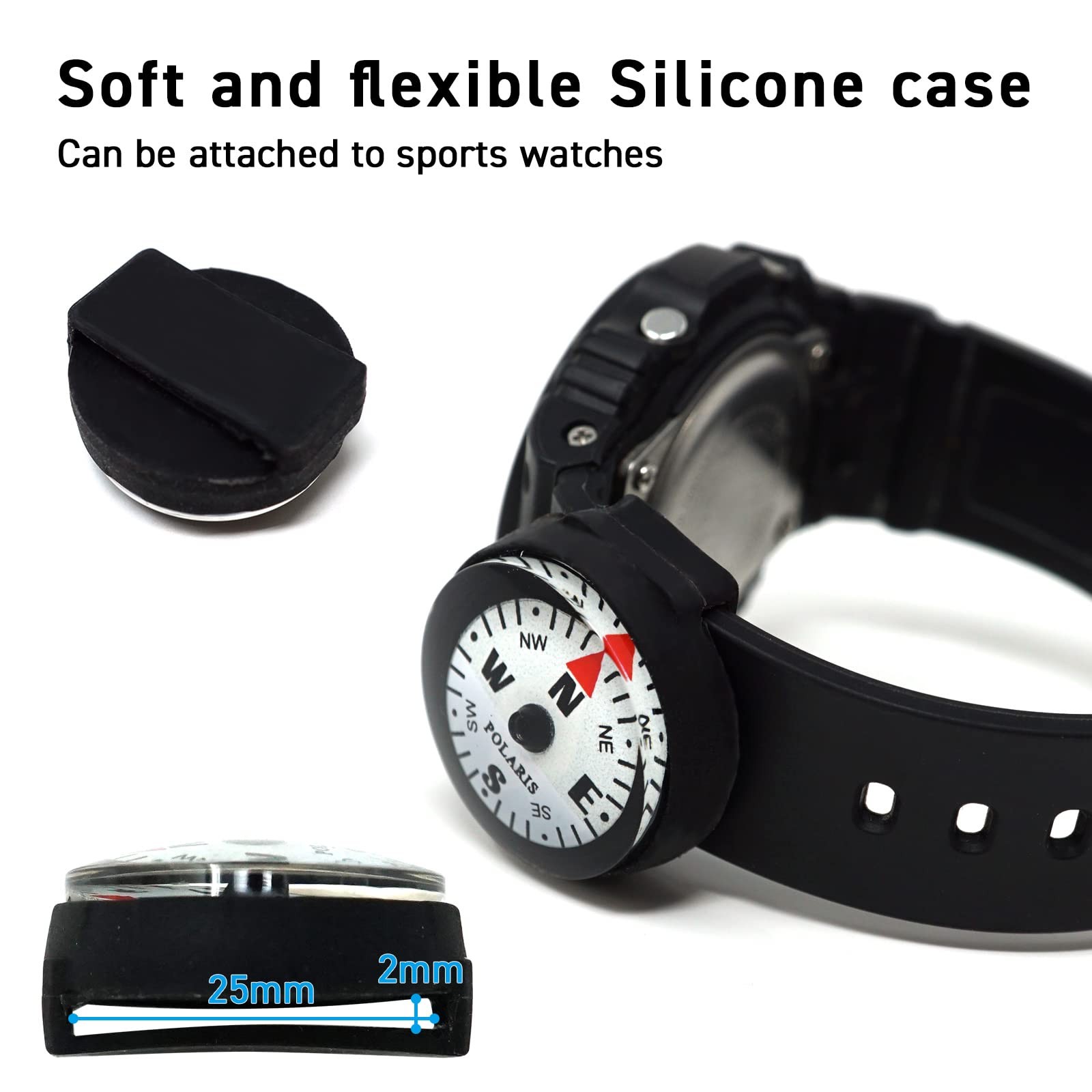 POLARIS Micro Compass Waterproof 60M Watch Wrist Band Size, Black