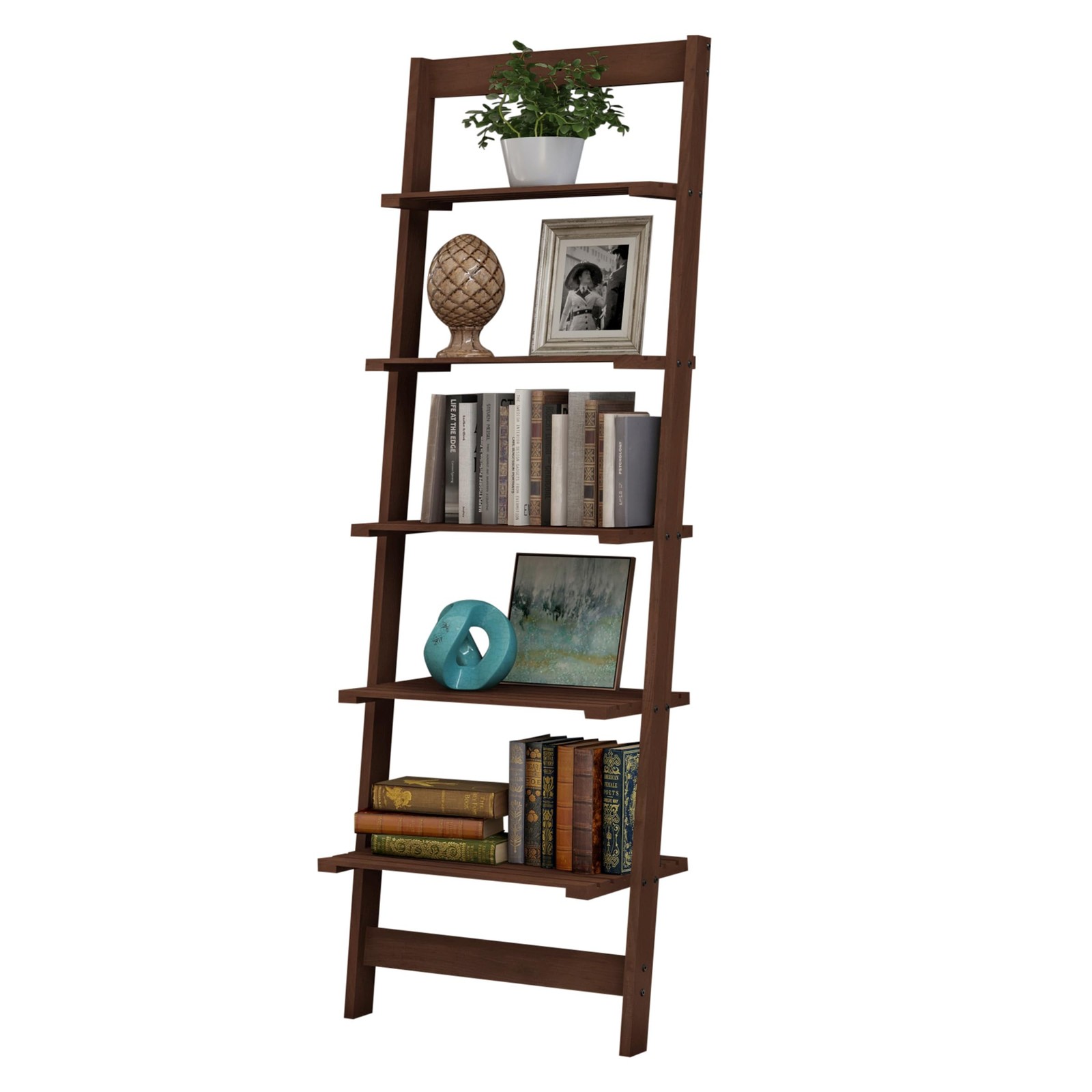 5-Tier Ladder Shelf - 50-Inch Narrow Leaning Bookshelf - Wooden Bookcase for Liv