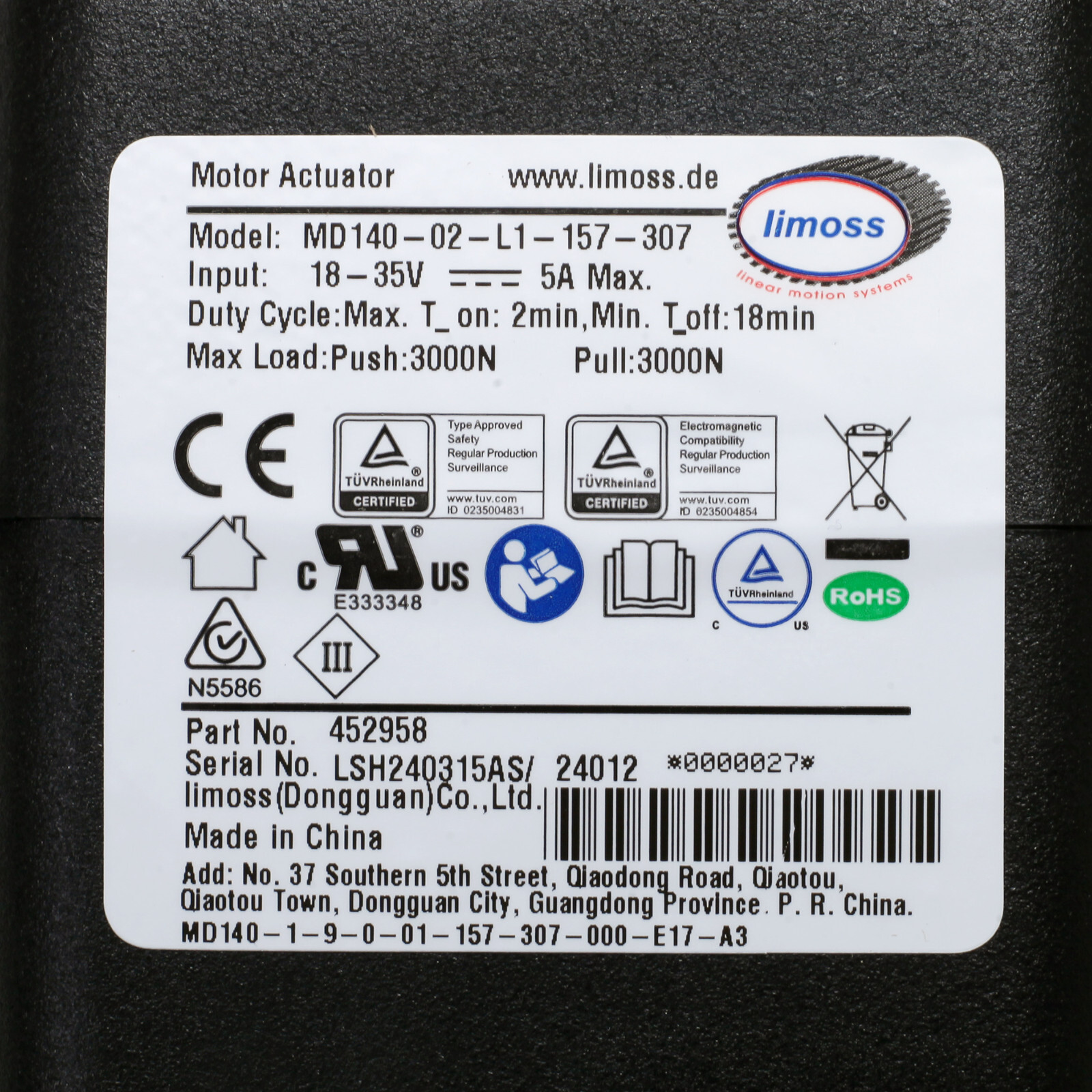 Limoss 452958 Power Recliner Lift Chair Motor Actuator Model MD140-02-L1-157-307