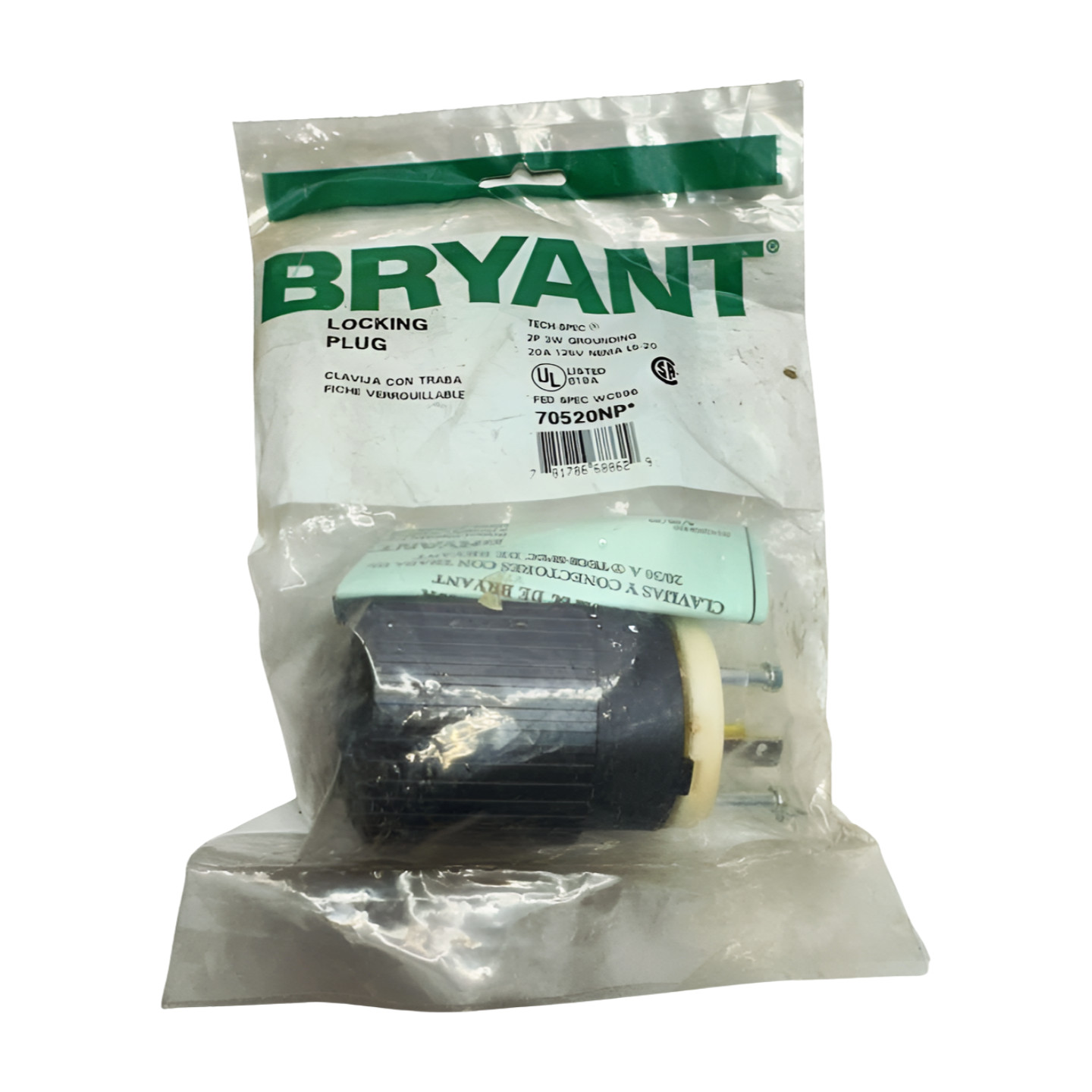 Bryant 70520NP Locking Male Plug, 2-Pole, 3-Wire, 20A, 125V, NEMA L6-20