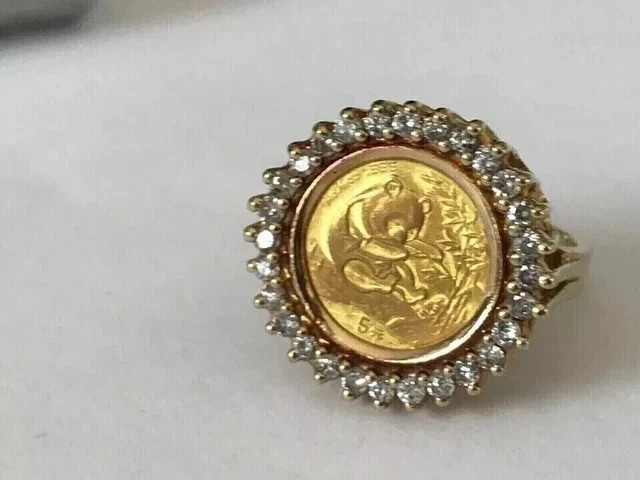 14K Yellow Gold Plated 1Ct Round Moissanite Gorgeous PANDA BEAR COIN Beauty Ring