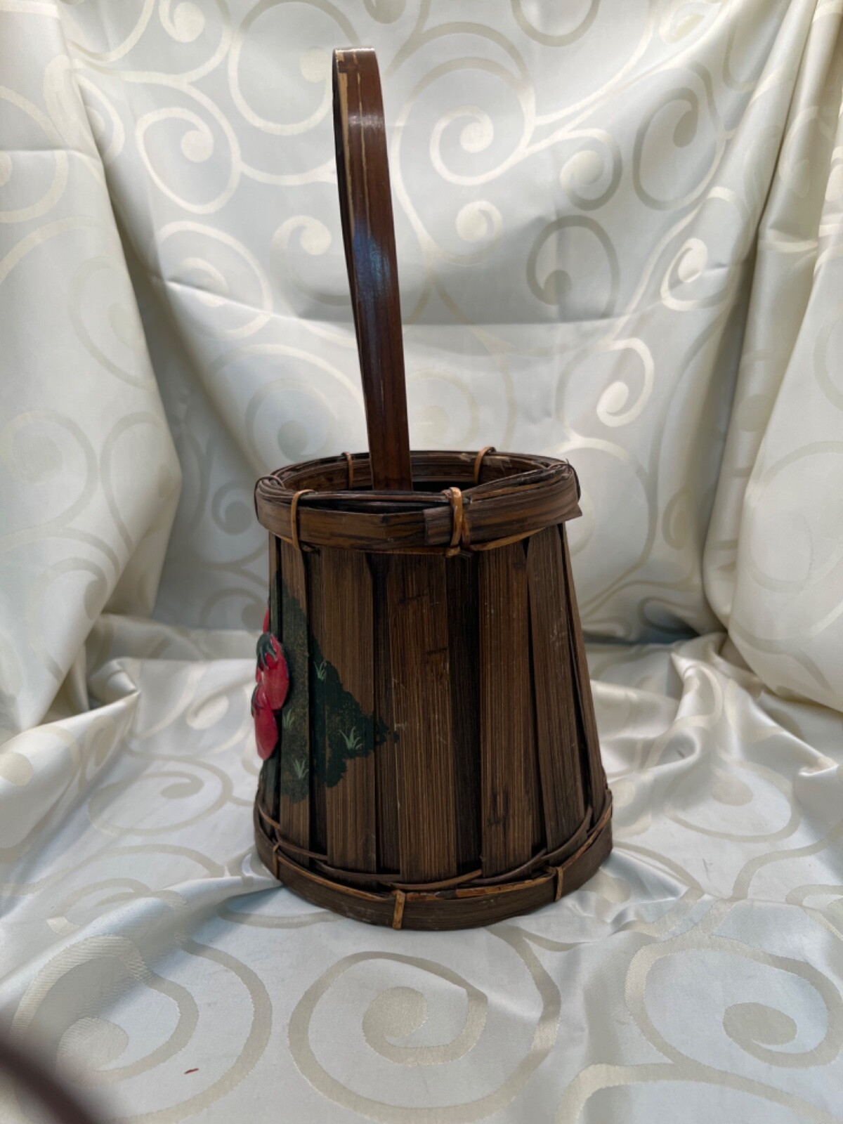 Vintage basket with tall handle hand painted tomatoes
