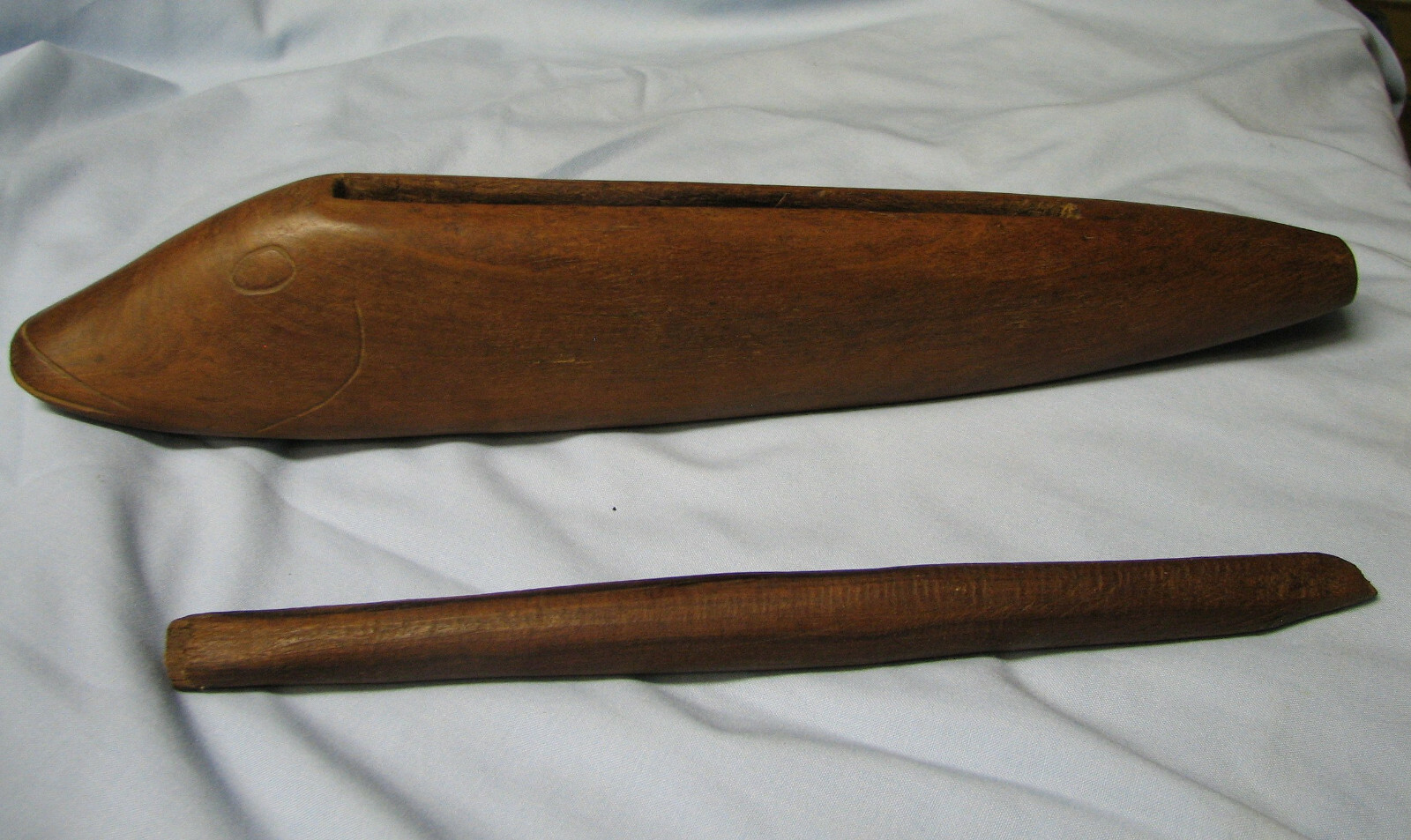 Fish shaped wooden Drum + beater stick from Rarotonga