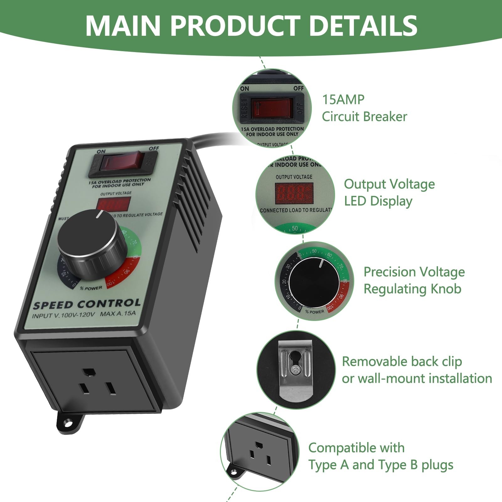 AC Motor Speed Controller, 110-120V 15A 4000W Variable Speed Controller Regul...