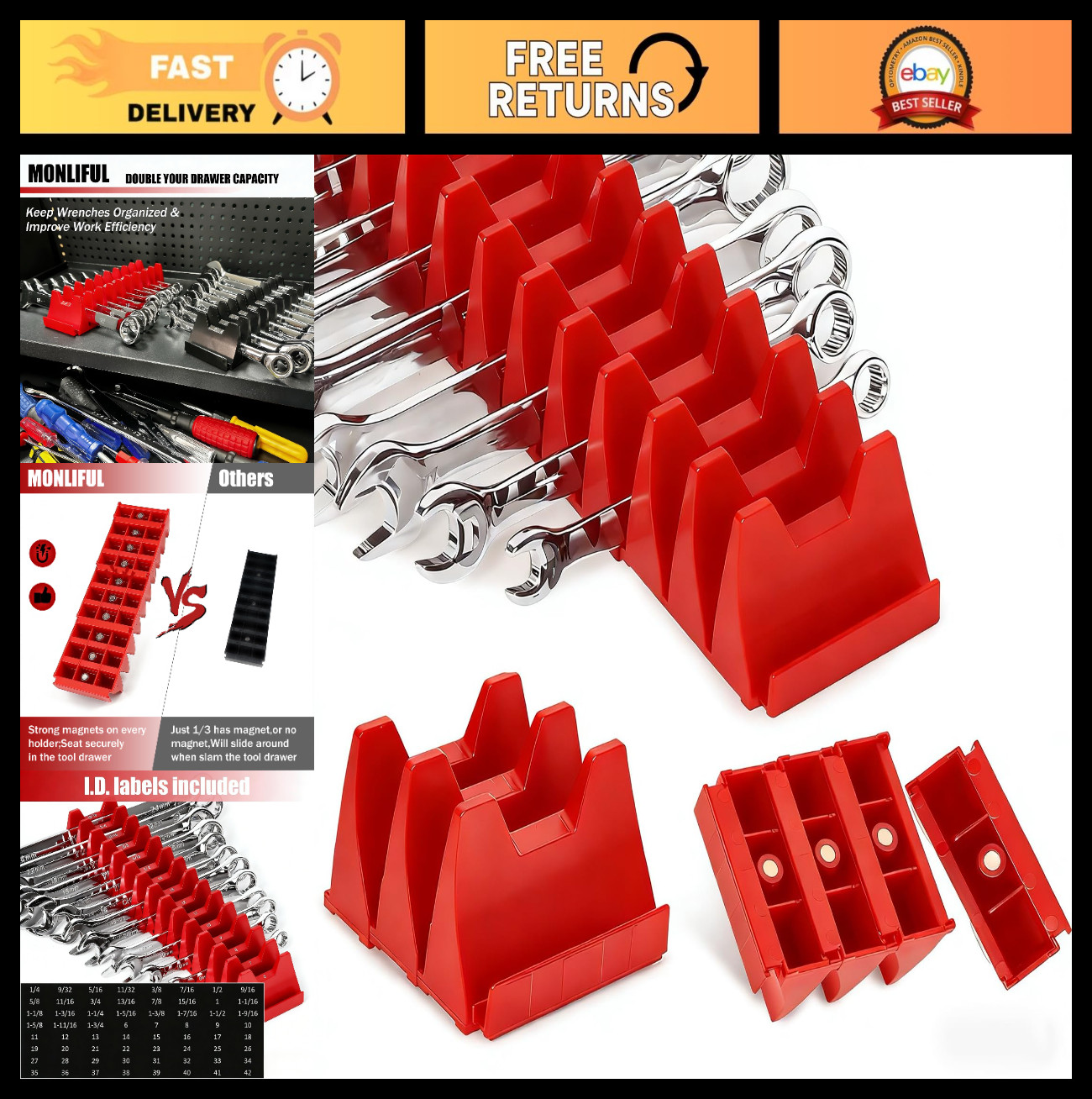 84 pcs Magnetic Wrench Organizer Set - Tool Drawer Storage Rack with Metric & SA