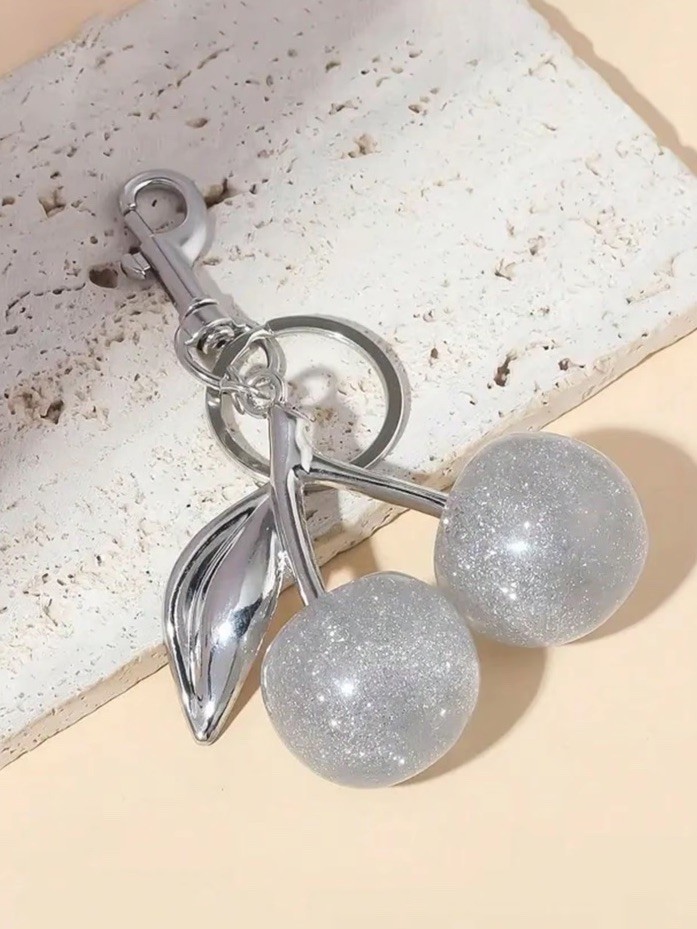 Silver Glitter Cherry Bag Charm | Silver Hardware Keychain | Velvet Dust Bag