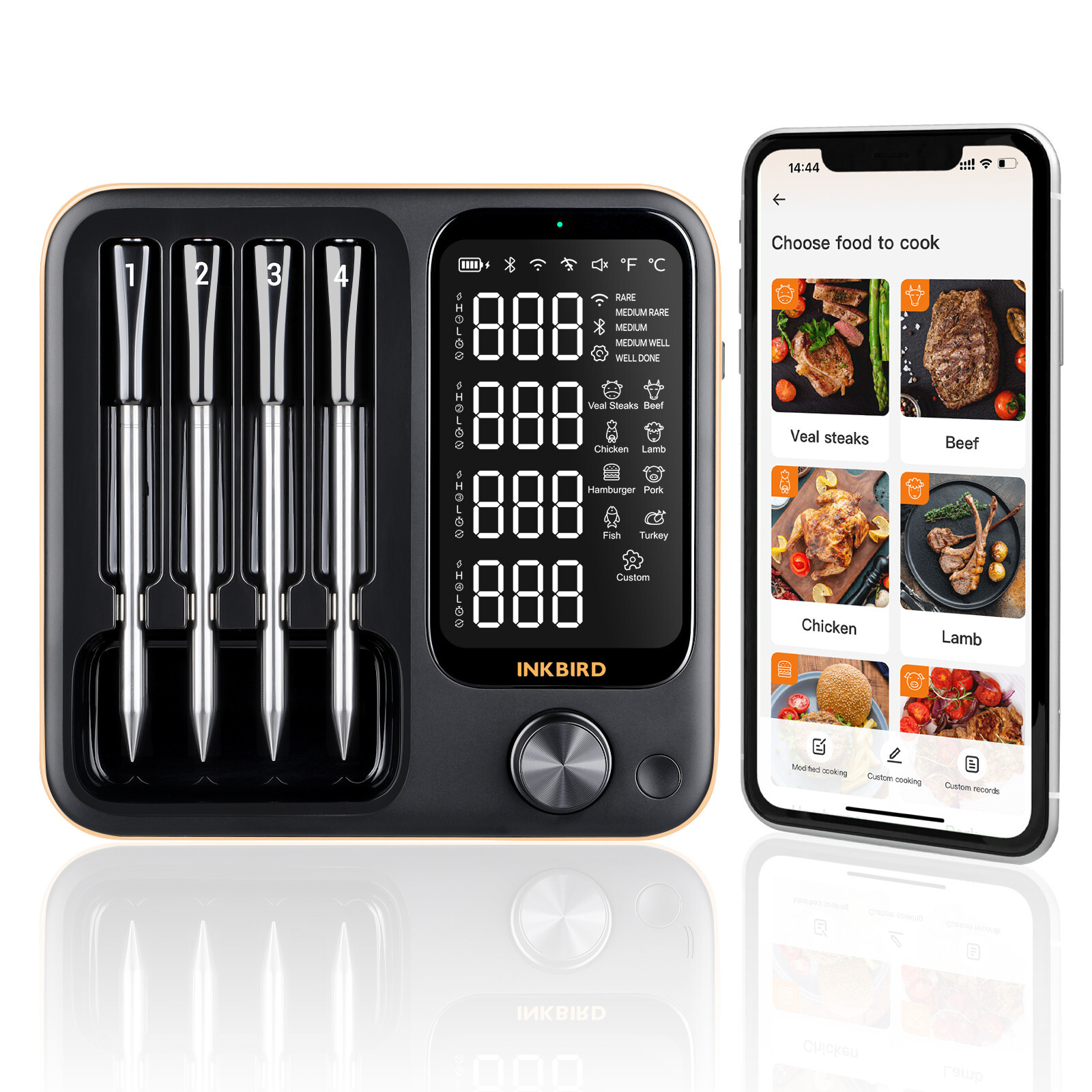 4-Probe Wireless Meat Thermometer Three-Mode WiFi Bluetooth Pre-alarm/Timer BBQ