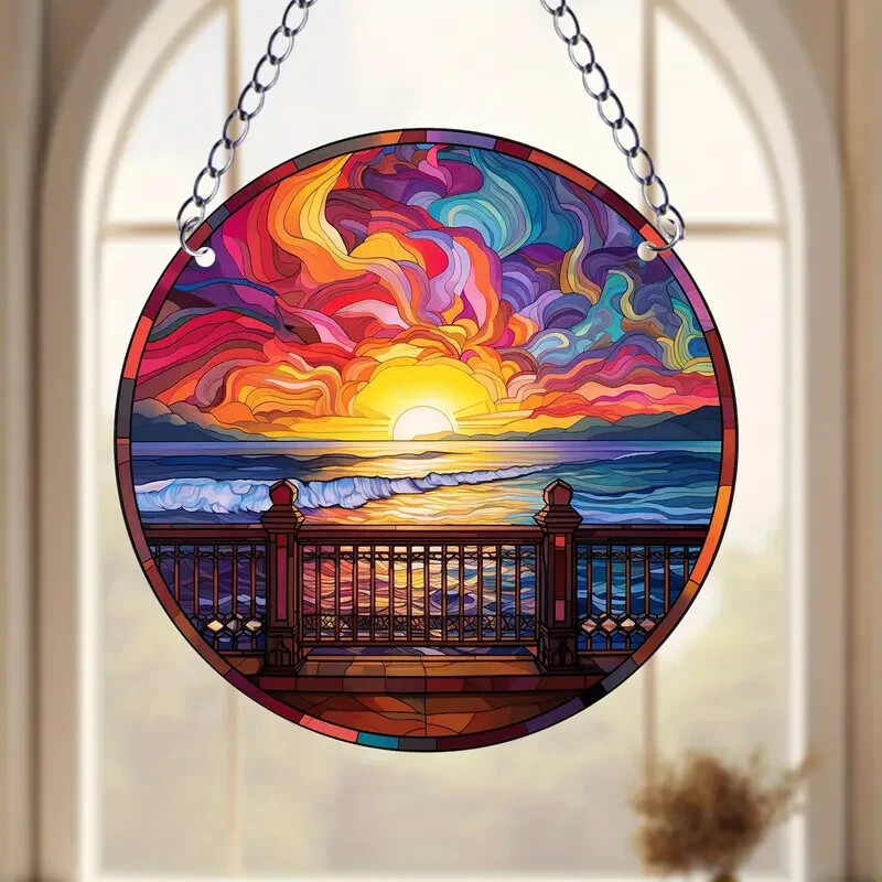 Colorful Ocean Sunset Suncatcher Double Sided Round Acrylic Decor