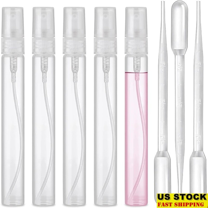 5 Pack 10ml Mini Spray Bottles Refillable Perfume Atomizer W/ Pipettes New
