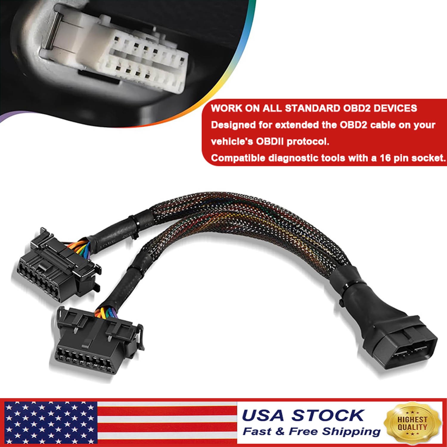 OBD II OBD 2 16 Pin Splitter Extension Cable Male to Dual Female Y Cable Adapter