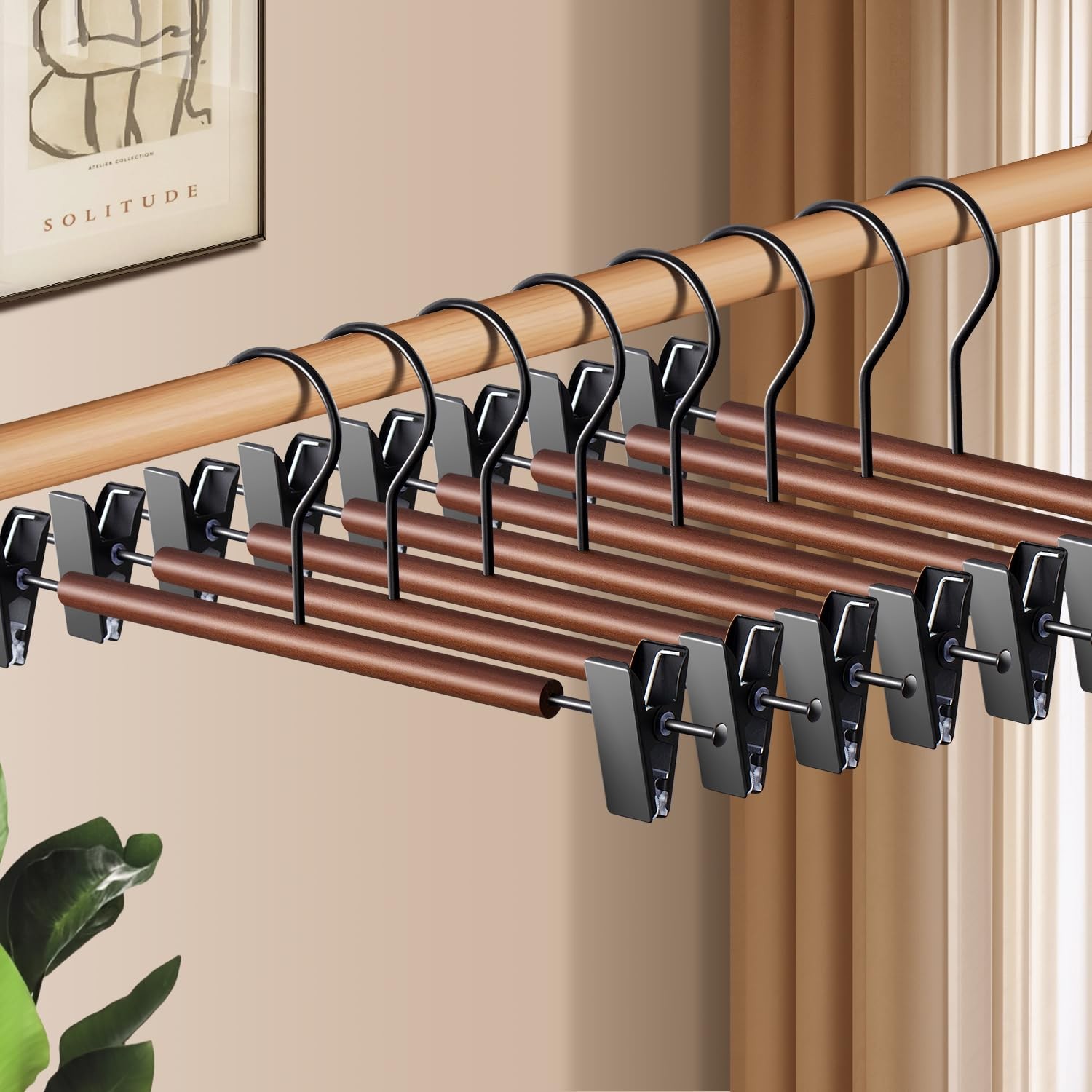 Wooden Pants Hangers with Clips 10 Pack Adjustable Wood Skirt Hangers for &Me...