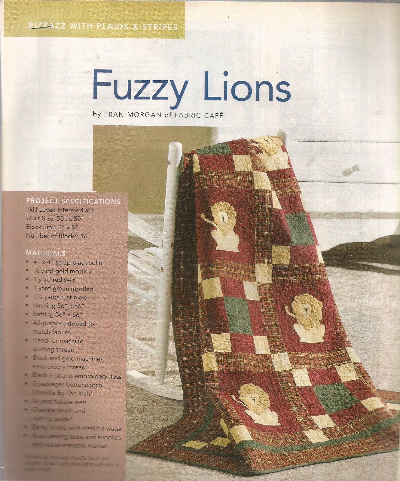 E0229 FUZZY LIONS BABY  QUILT PATTERN/INSTRUCTIONS