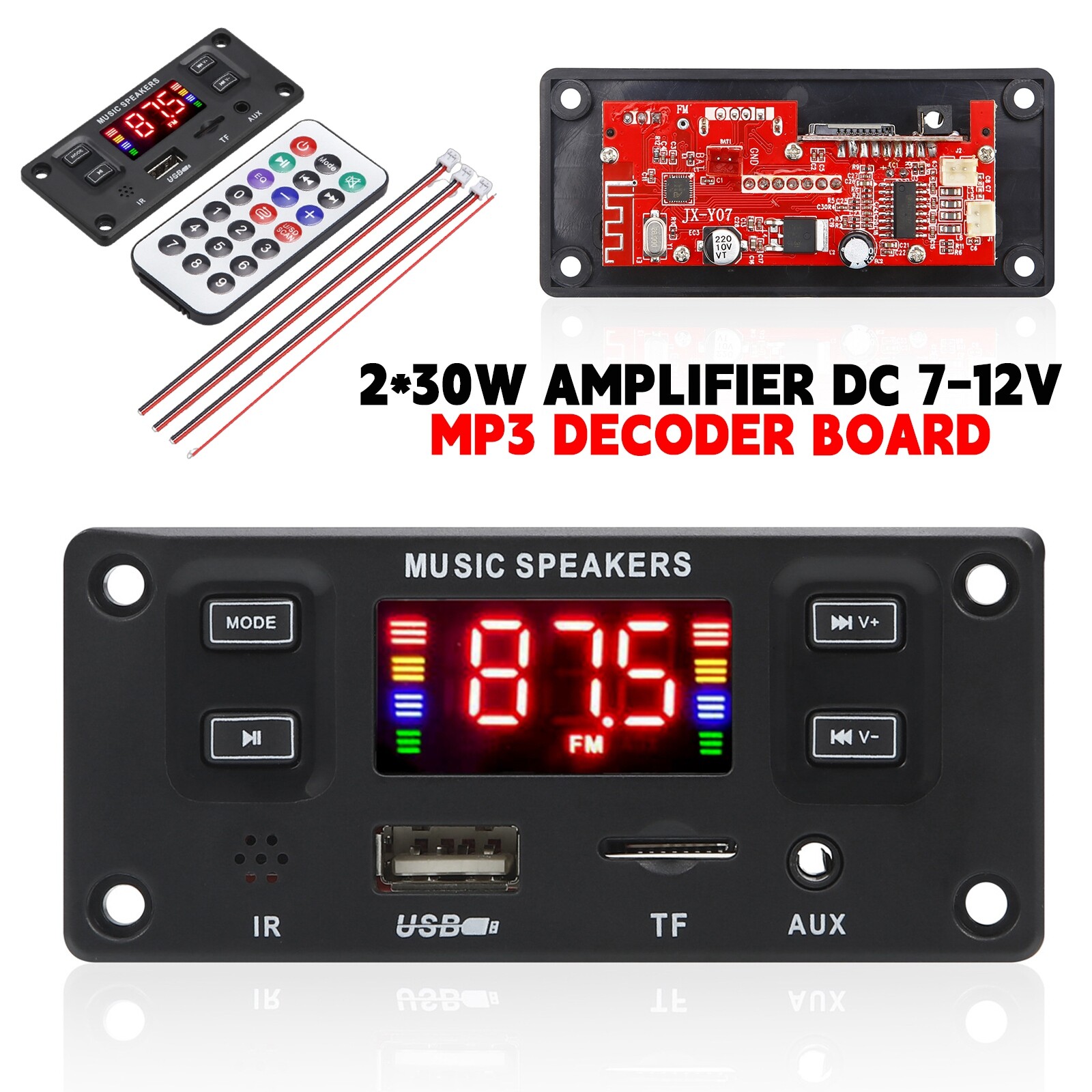 60W 2*30W Amplifier DC 12V MP3 Decoder Board Module Kit Bluetooth MP3 USB AUX FM