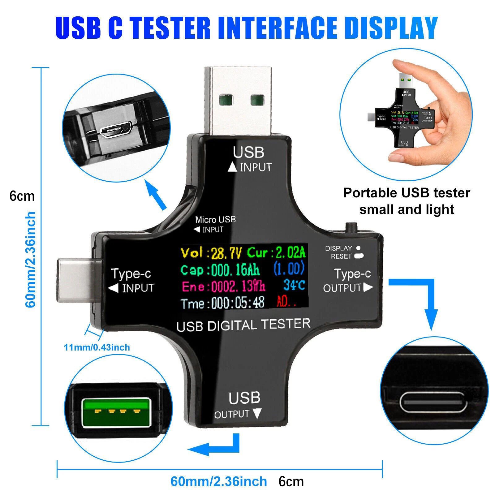 2.36*2.36 inch USB Power Meter Tester Digital Multimeter Voltage Current