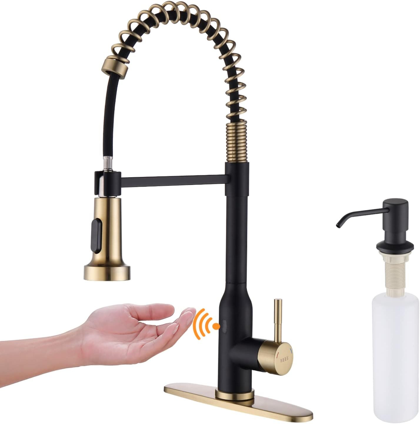 Smart Touchless Kitchen Faucet with Pull Down Sprayer, Matte Black Gold